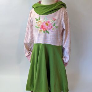 Organic Hooded Dress - Pockets - Grow With Me - Green and Pink Floral