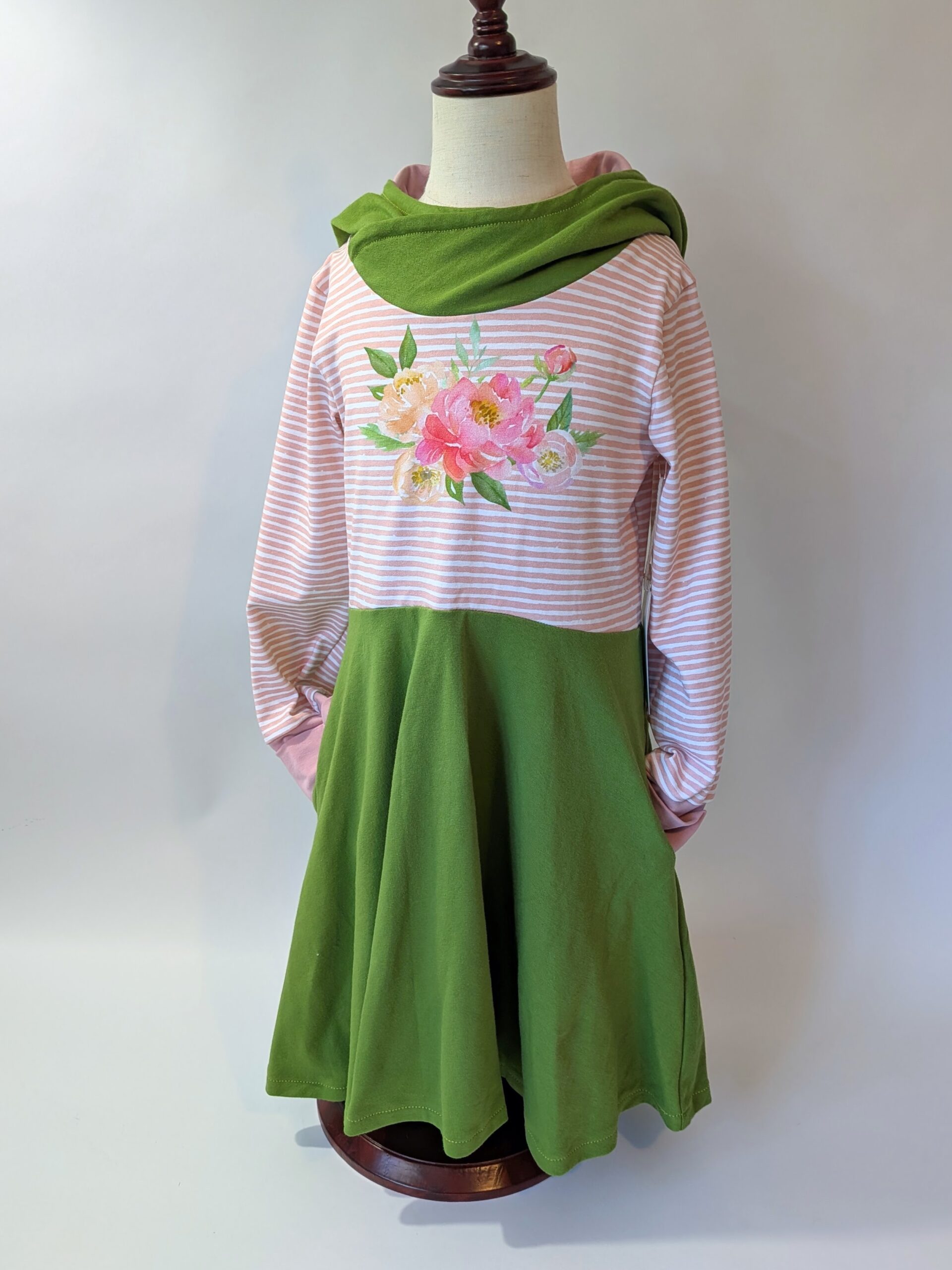 Organic Hooded Dress - Pockets - Grow With Me - Green and Pink Floral