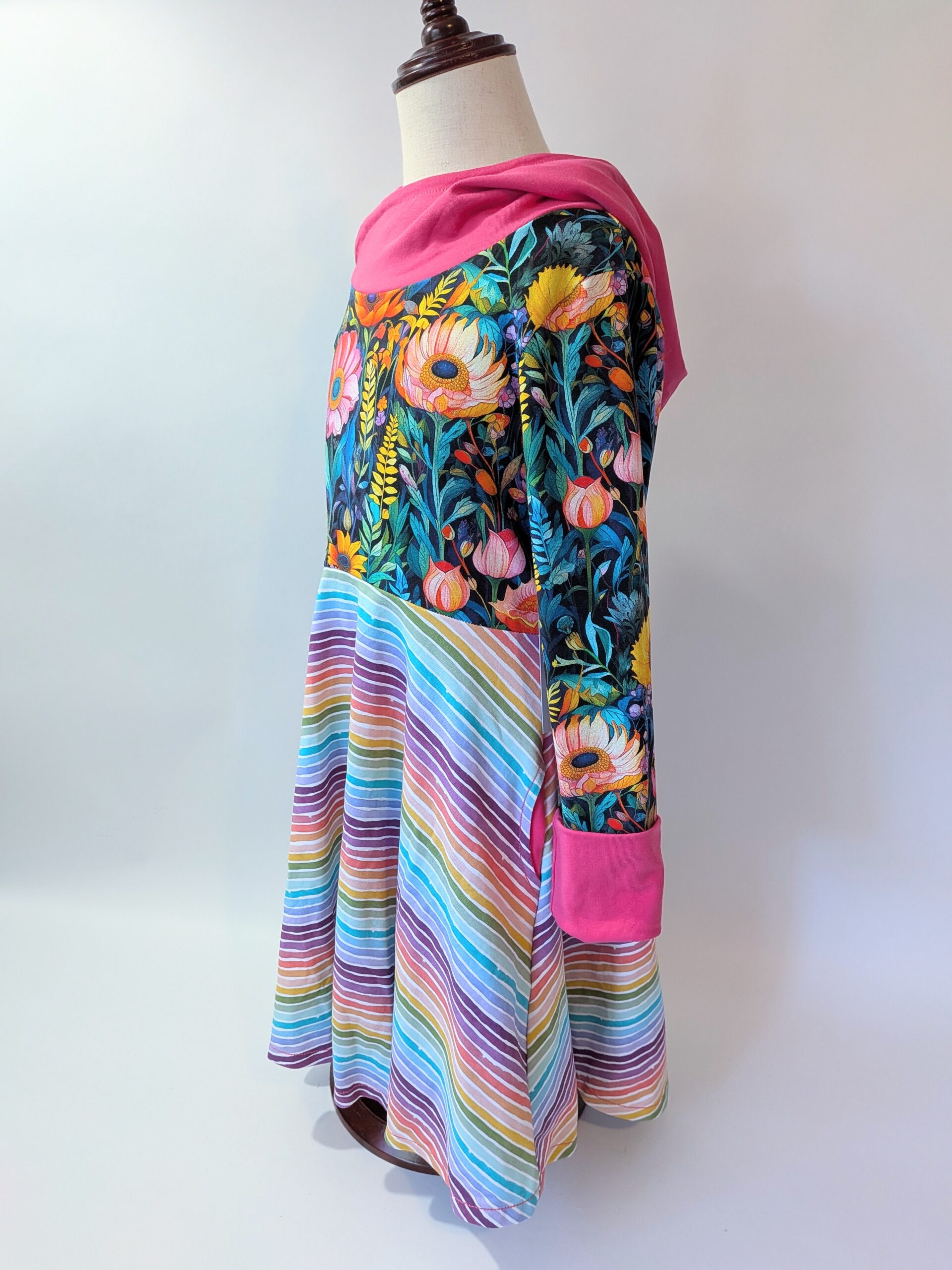 Organic Hooded Dress - Pockets - Grow With Me - Folk Floral Rainbow Stripe