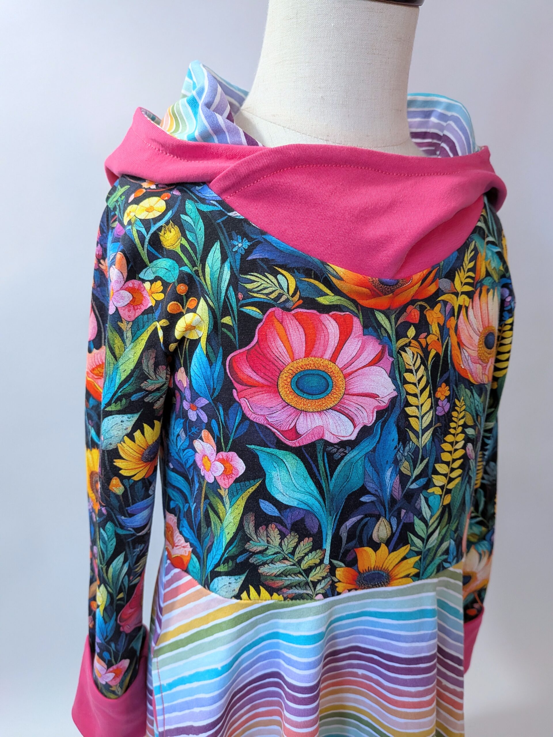 Organic Hooded Dress - Pockets - Grow With Me - Folk Floral Rainbow Stripe - Image 2