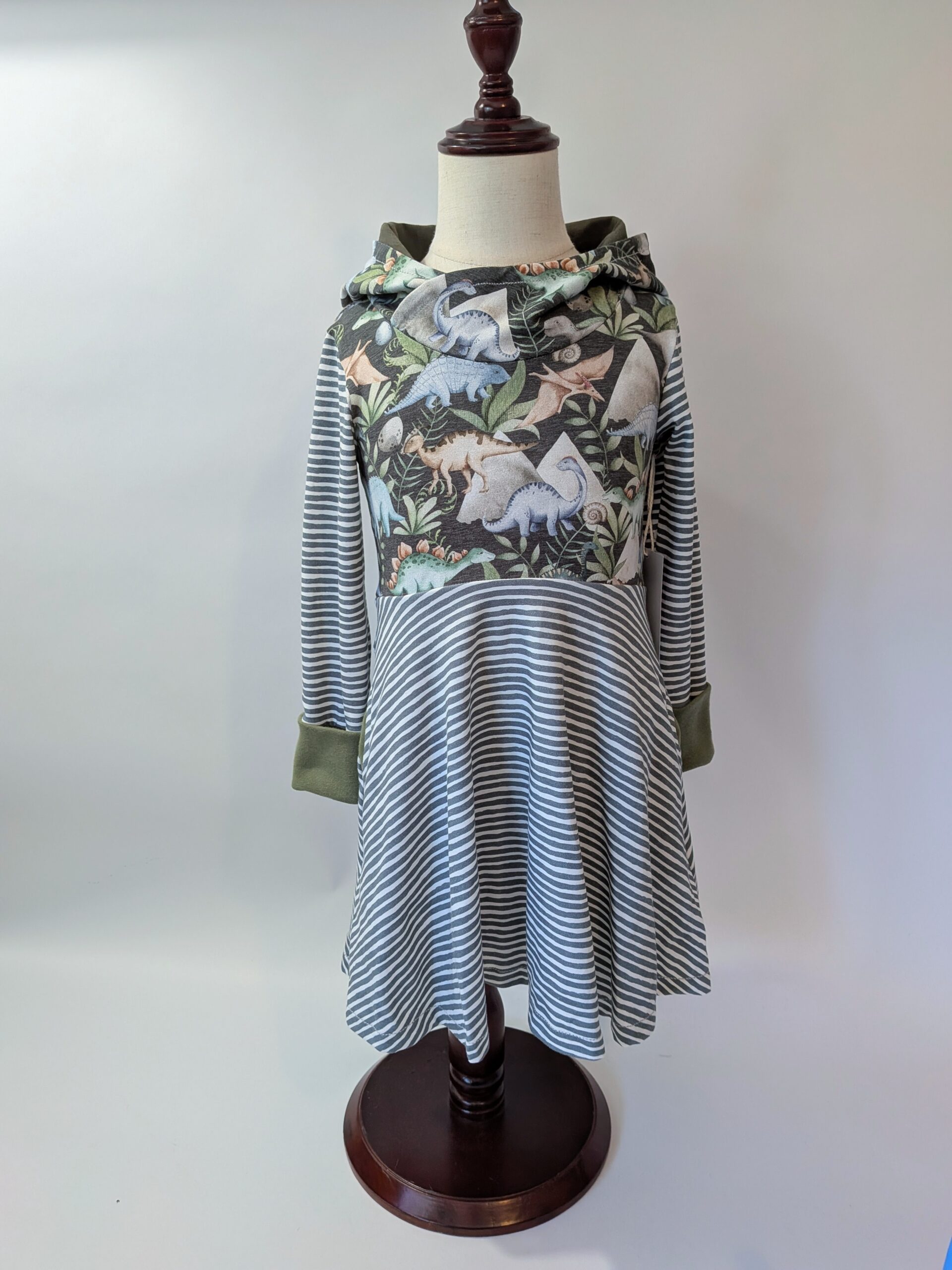 Organic Hooded Dress - Pockets - Grow With Me - Dinosaur Stripe