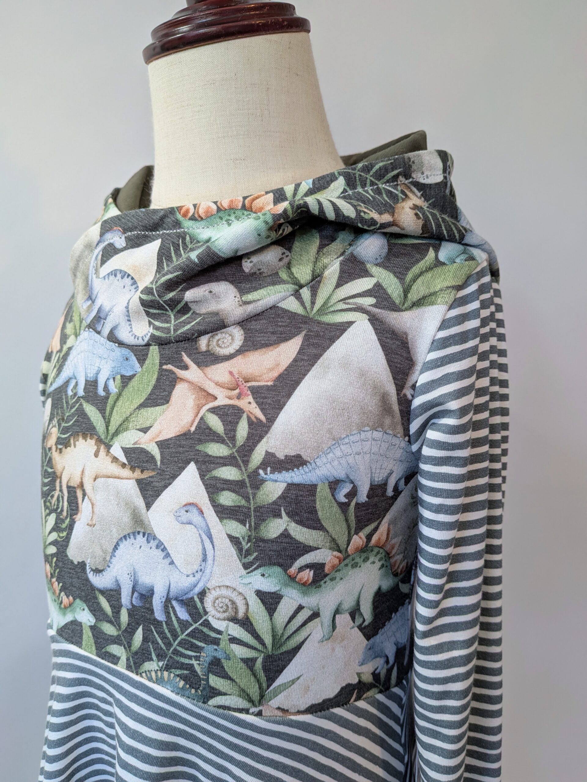 Organic Hooded Dress - Pockets - Grow With Me - Dinosaur Stripe - Image 2