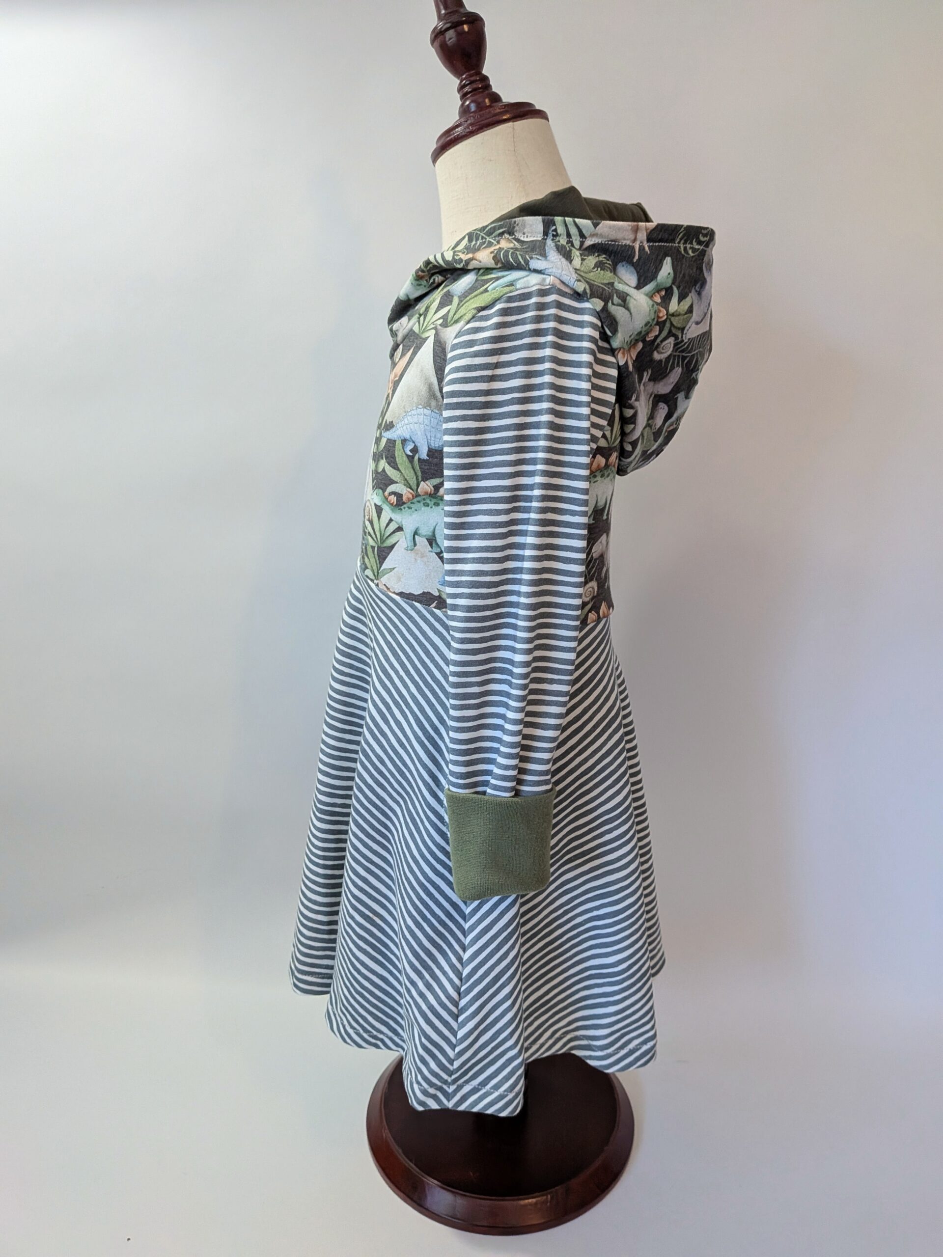 Organic Hooded Dress - Pockets - Grow With Me - Dinosaur Stripe - Image 3
